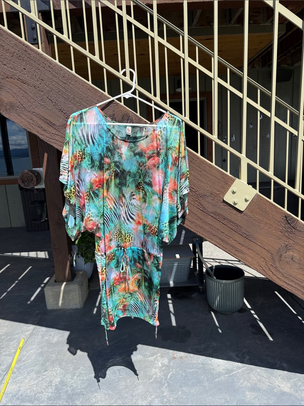 Lulu Fama size SM coverup. Tropical Print Drawstring Tunic - Teal & Coral